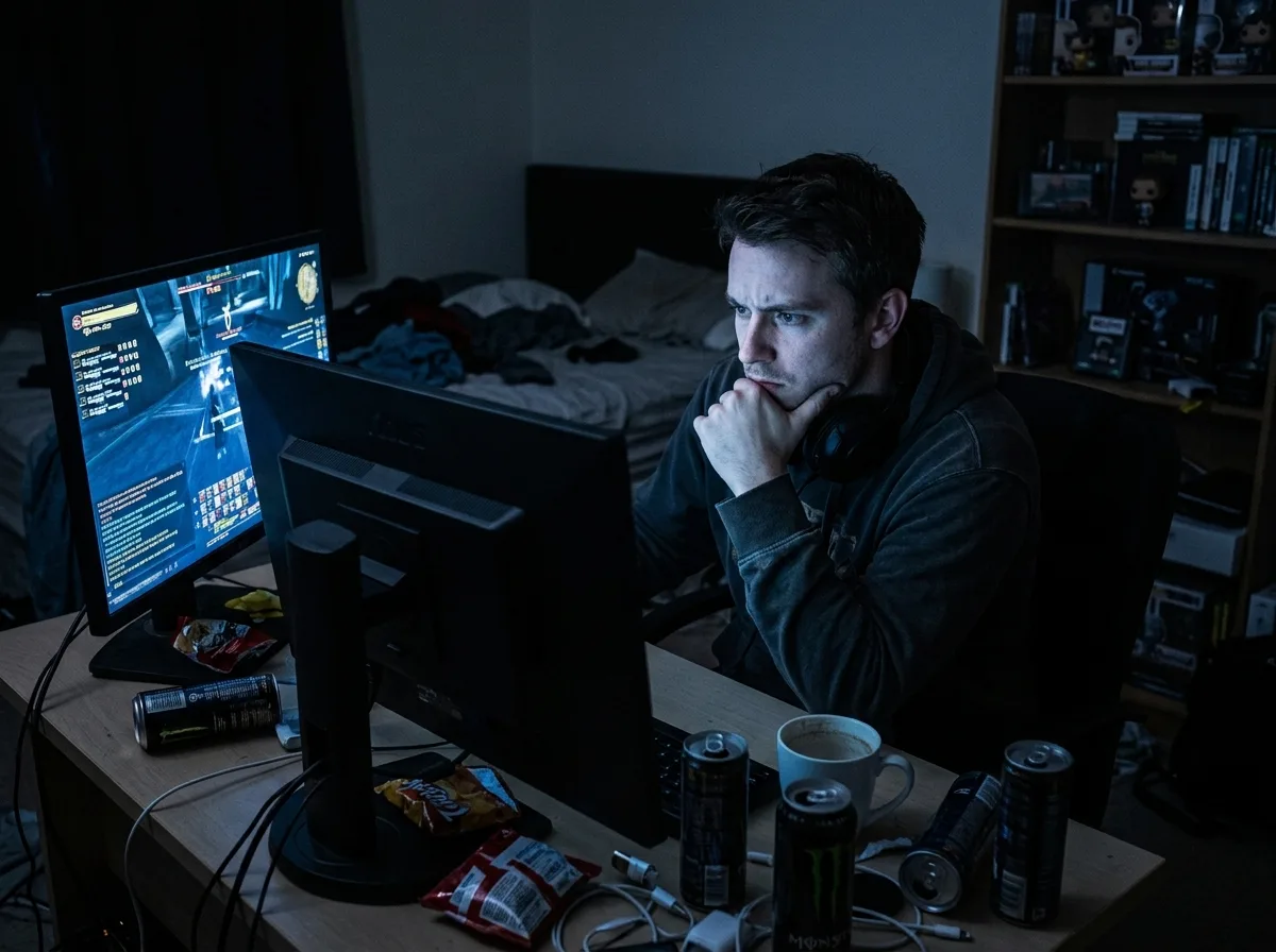 Человек в темноте смотрит в экран компьютера, иллюстрирующая интернет и игровую зависимость