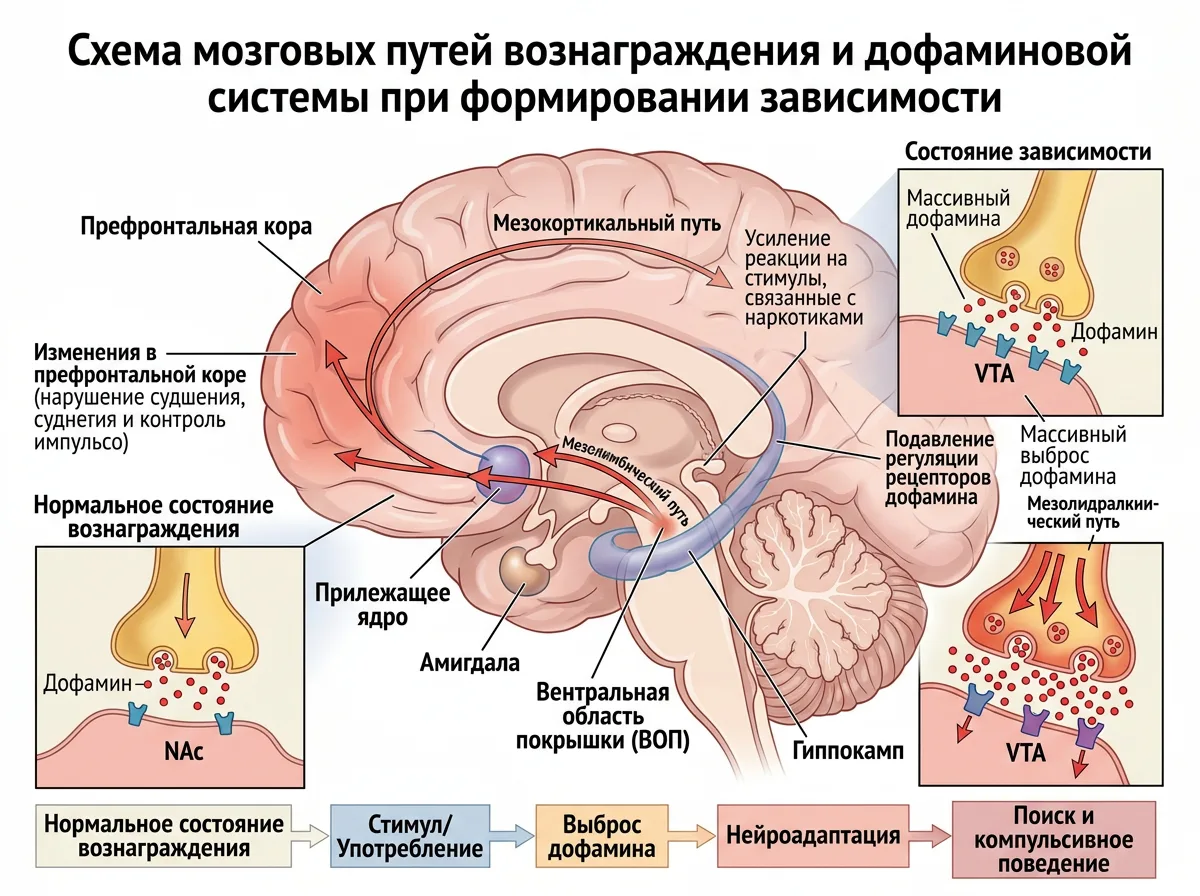 Схема мозговых путей вознаграждения и дофаминовой системы при формировании зависимости — научная иллюстрация